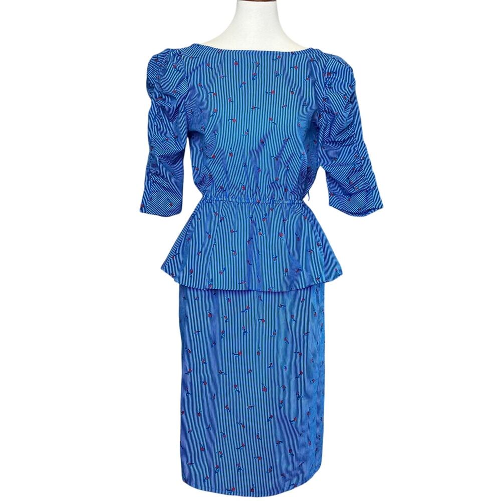 Floral Blue Pinstripe Peplum Dress